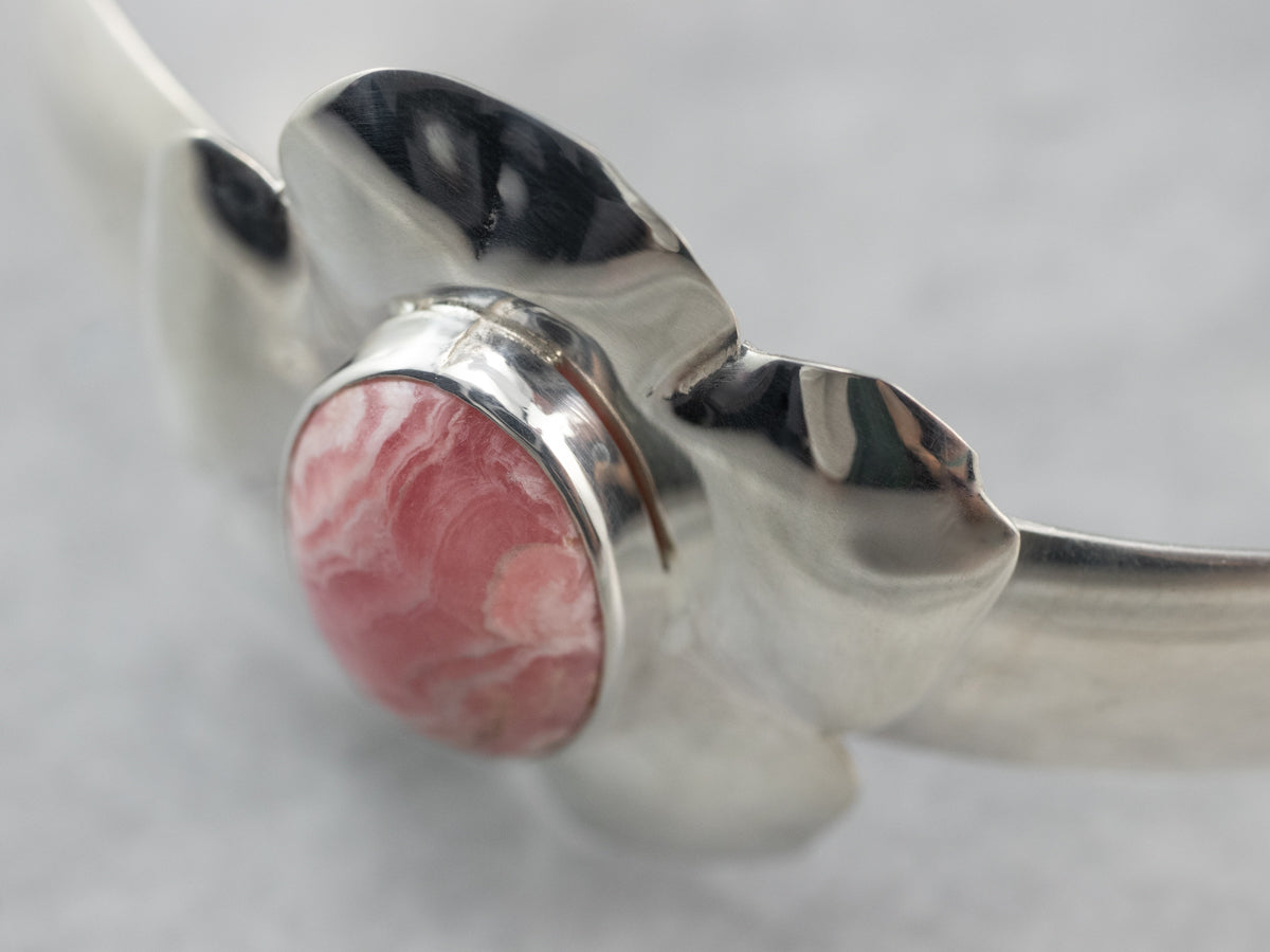 Rhodochrosite Floral Sterling Silver Cuff Bracelet