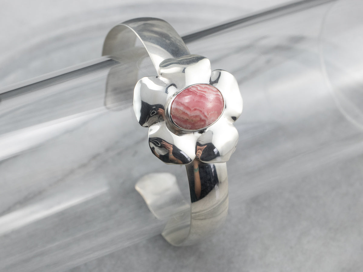 Rhodochrosite Floral Sterling Silver Cuff Bracelet