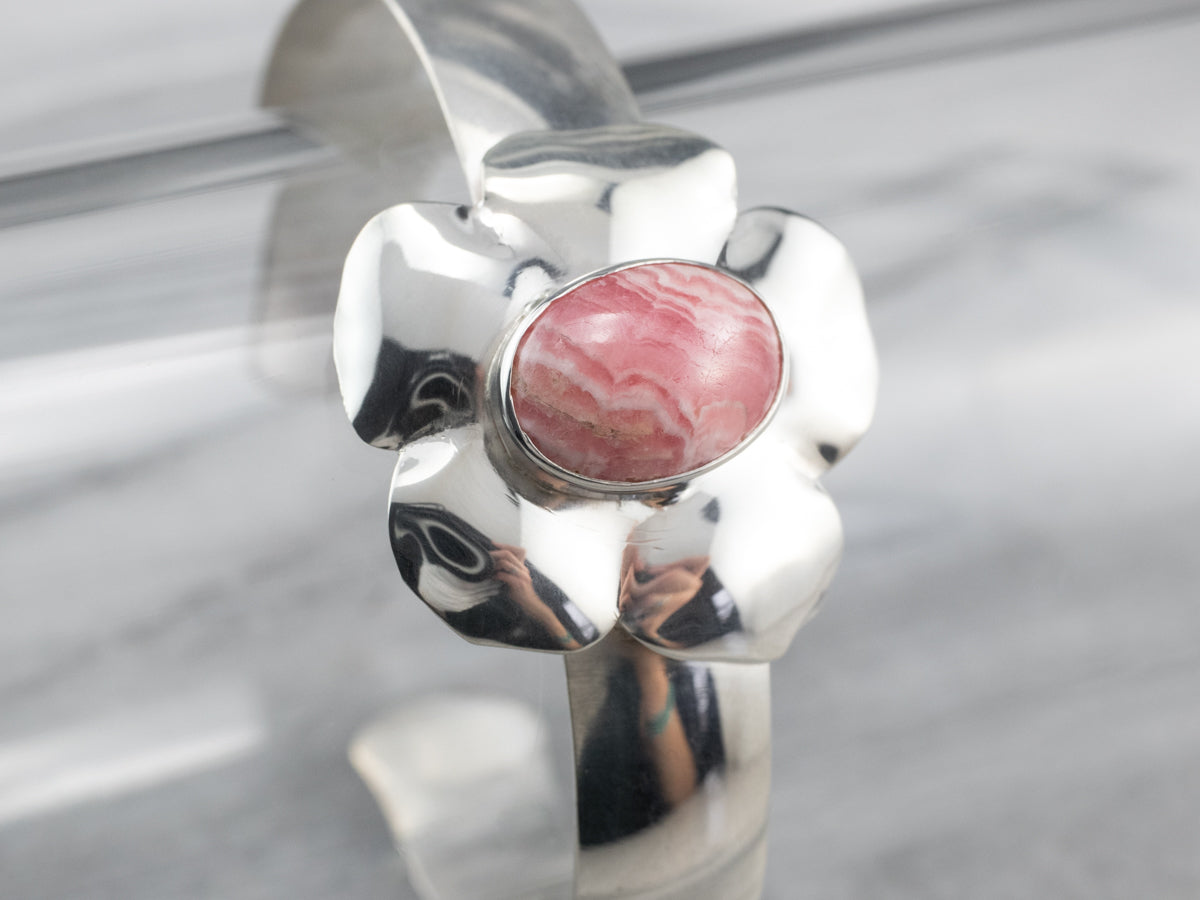 Rhodochrosite Floral Sterling Silver Cuff Bracelet
