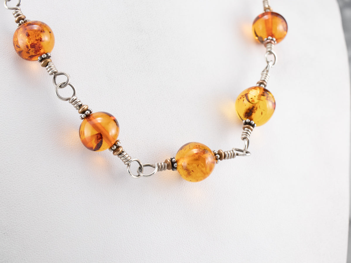 Beaded Amber Mix Metal Necklace