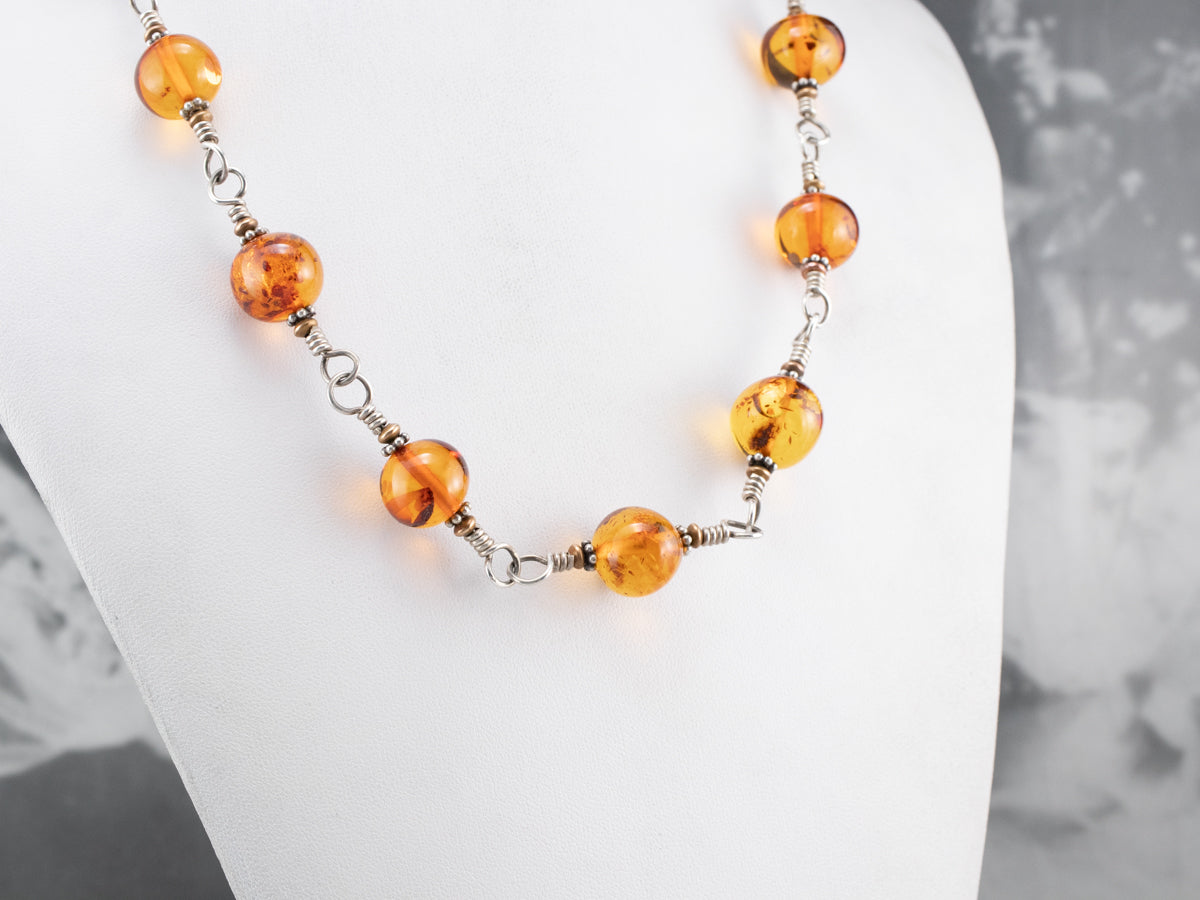 Beaded Amber Mix Metal Necklace