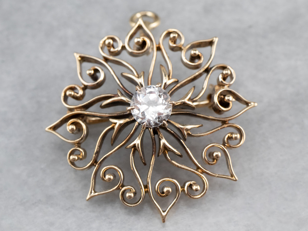 Antique White Sapphire Gold Filigree Brooch Pendant