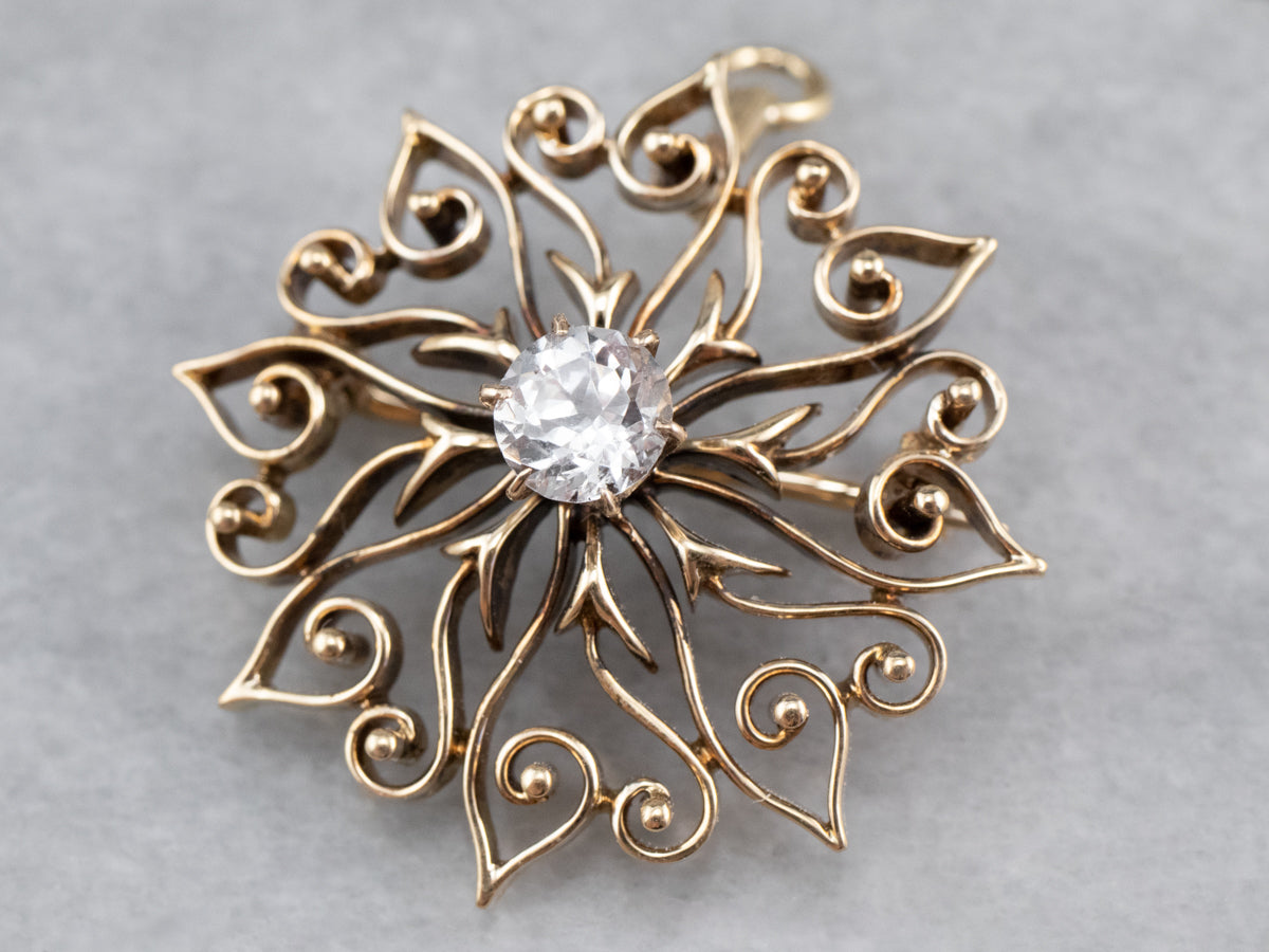 Antique White Sapphire Gold Filigree Brooch Pendant
