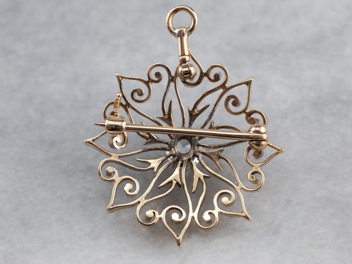 Antique White Sapphire Gold Filigree Brooch Pendant