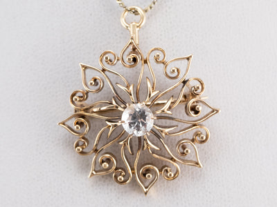 Antique White Sapphire Gold Filigree Brooch Pendant