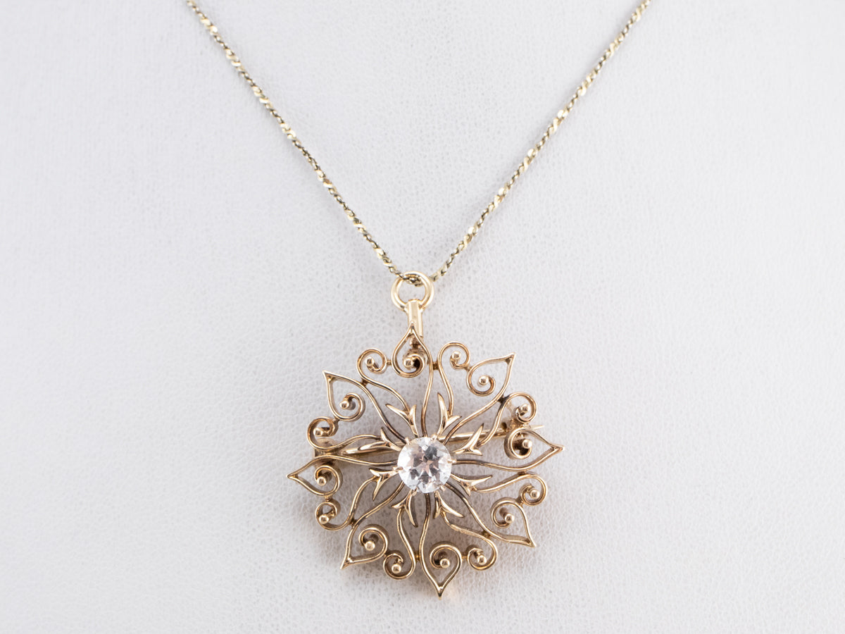 Antique White Sapphire Gold Filigree Brooch Pendant