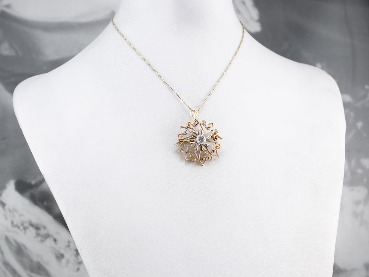 Antique White Sapphire Gold Filigree Brooch Pendant
