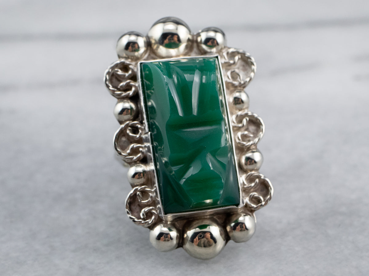 Carved Green Onyx Sterling Silver Ring