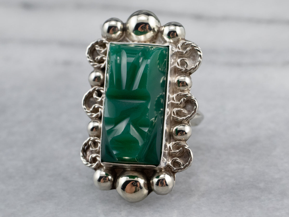 Carved Green Onyx Sterling Silver Ring