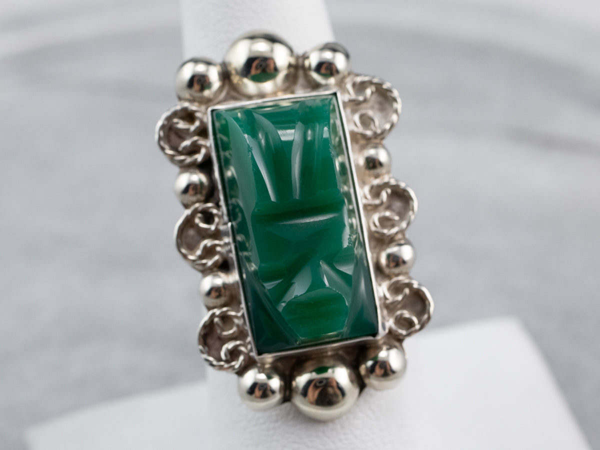 Carved Green Onyx Sterling Silver Ring
