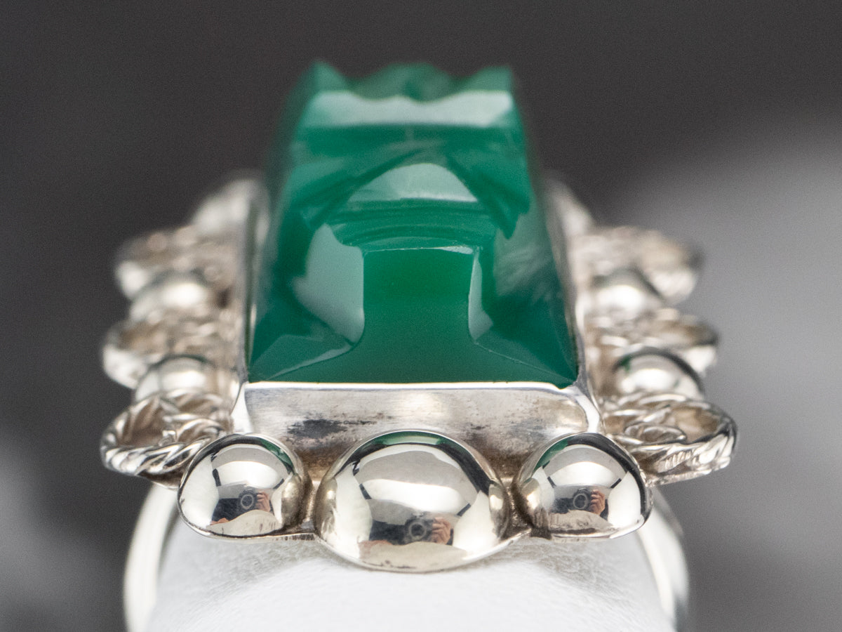 Carved Green Onyx Sterling Silver Ring