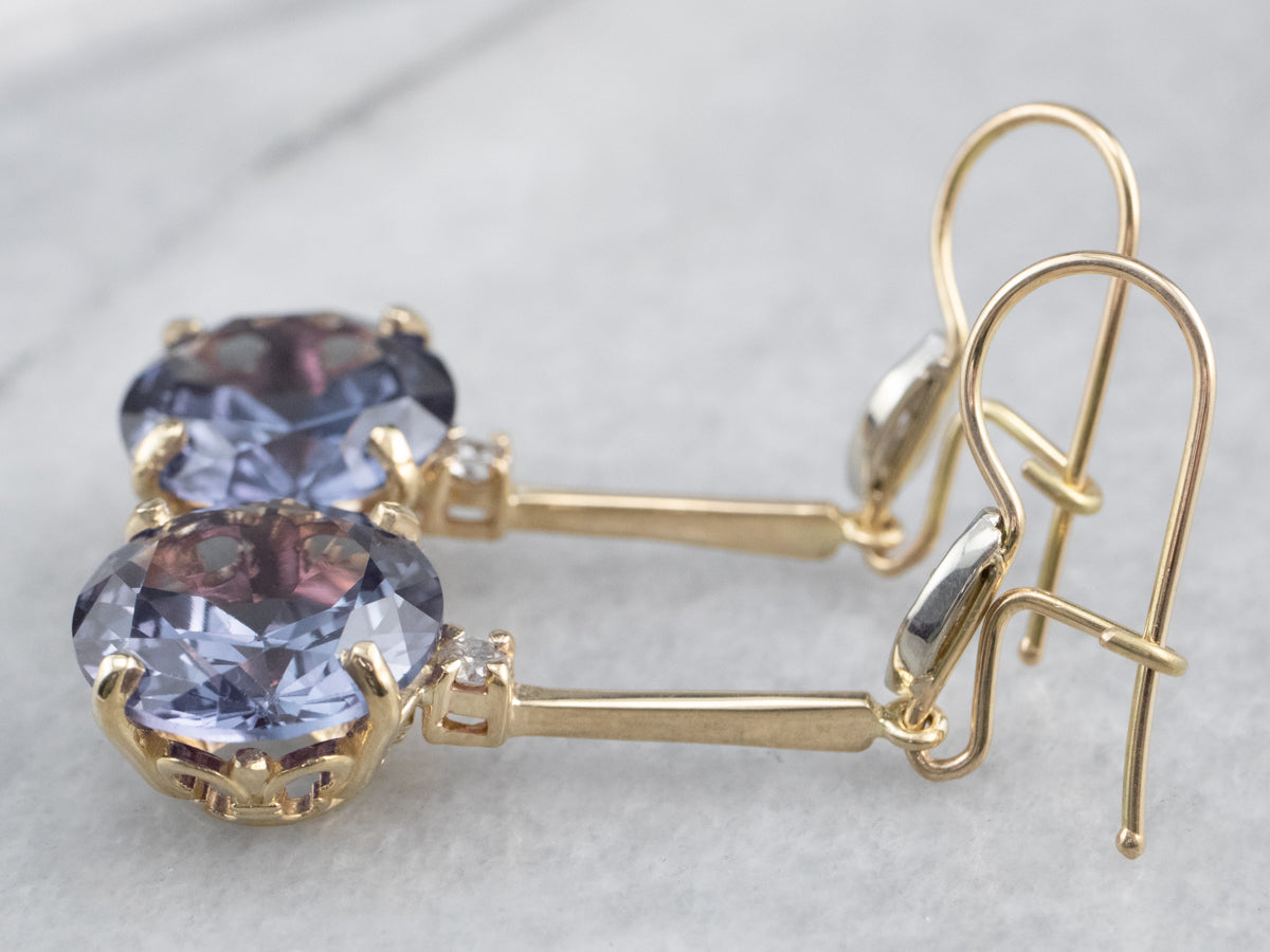 Synthetic Alexandrite Diamond Gold Drop Earrings