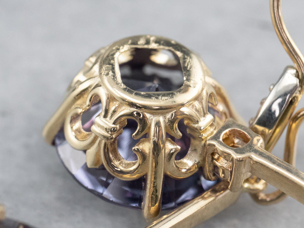 Synthetic Alexandrite Diamond Gold Drop Earrings