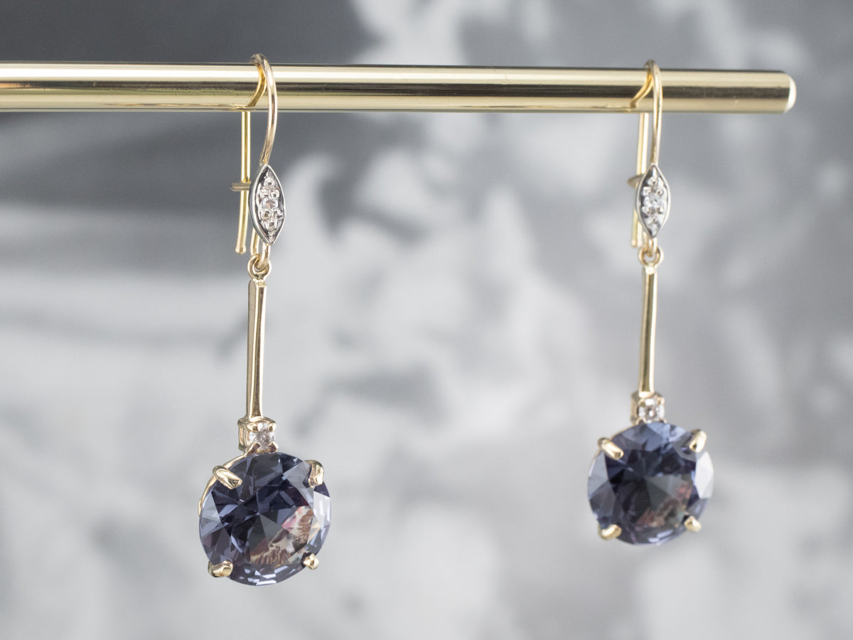 Synthetic Alexandrite Diamond Gold Drop Earrings