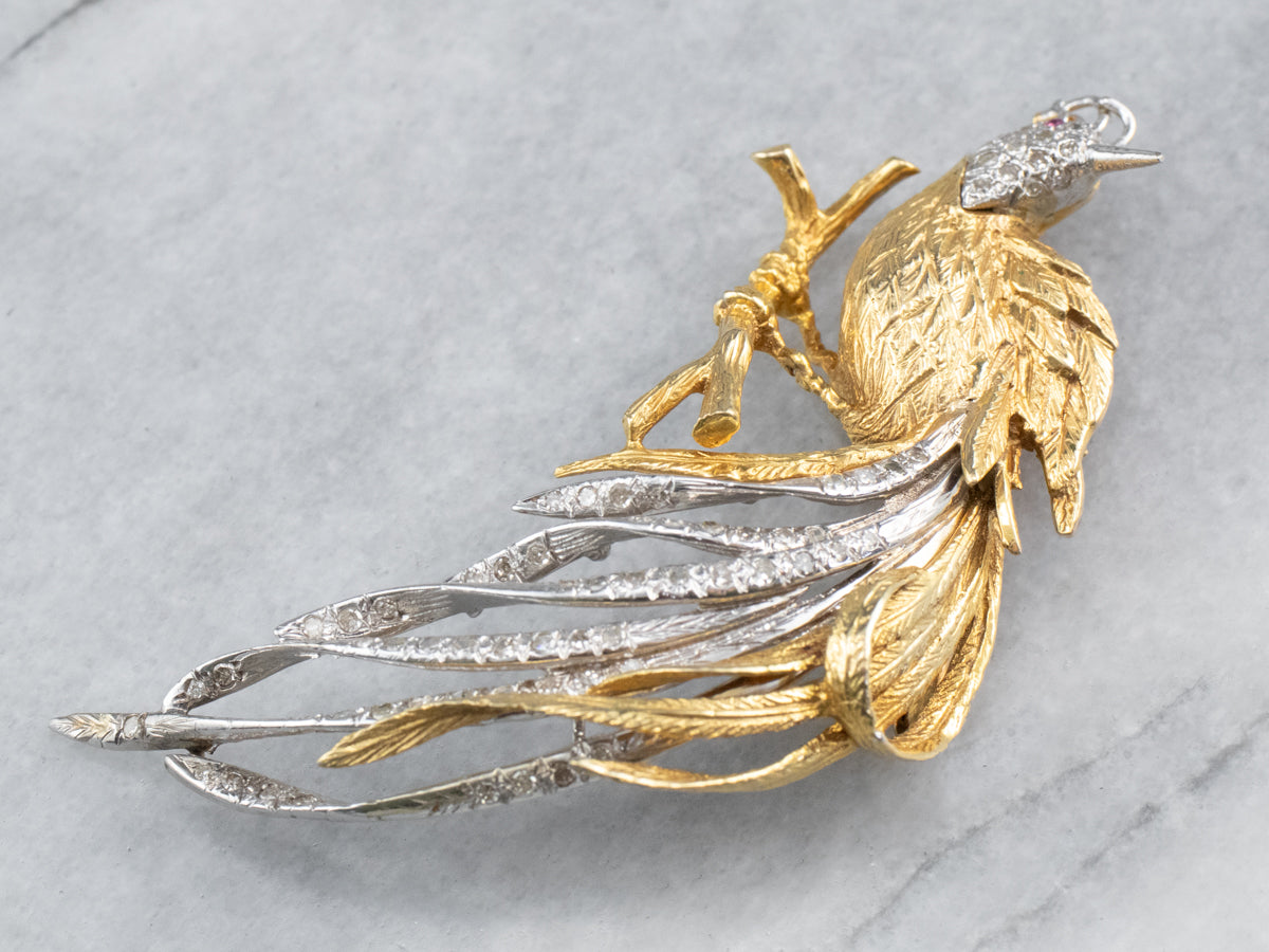 Diamond Bird Gold Platinum Statement Brooch