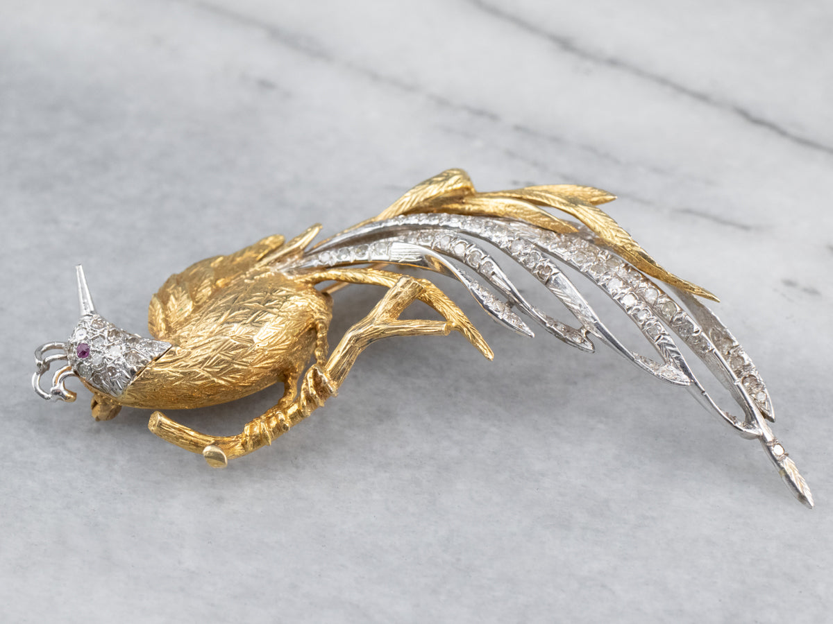 Diamond Bird Gold Platinum Statement Brooch
