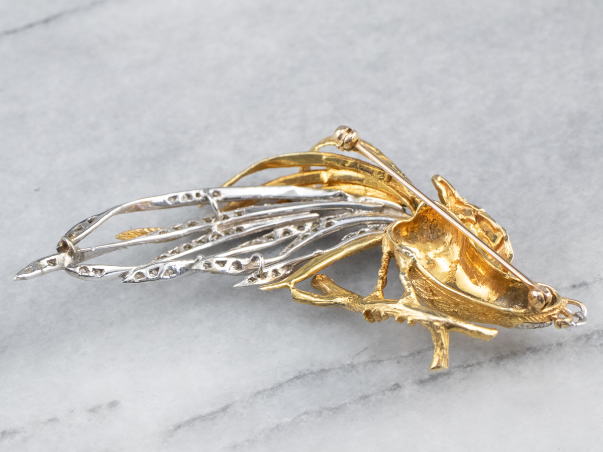 Diamond Bird Gold Platinum Statement Brooch
