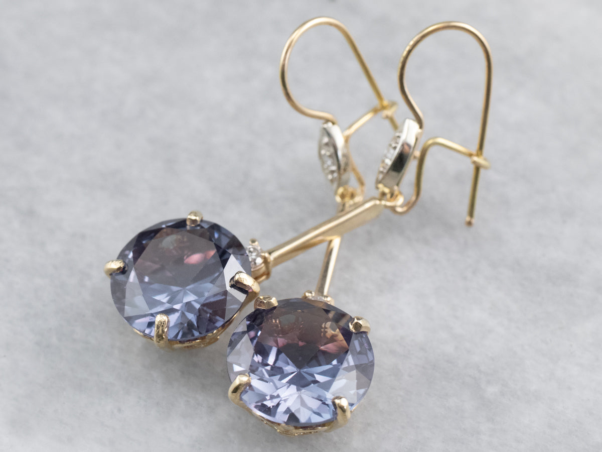 Synthetic Alexandrite Diamond Gold Drop Earrings