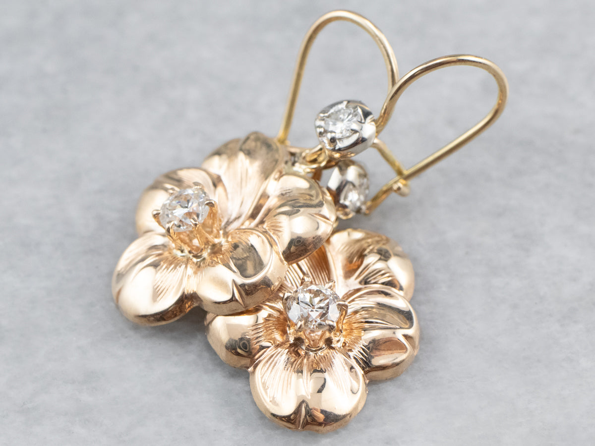 Diamond Floral Gold Drop Earrings