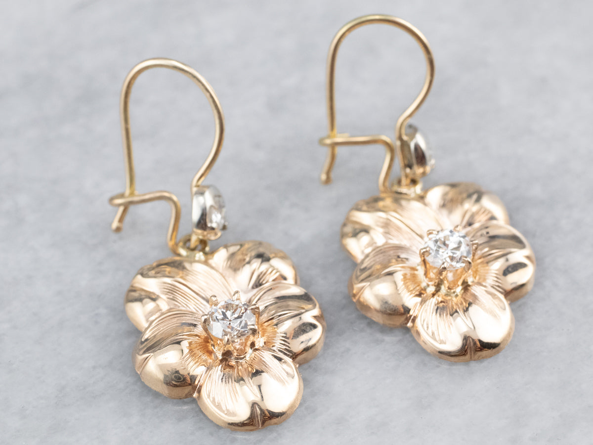 Diamond Floral Gold Drop Earrings
