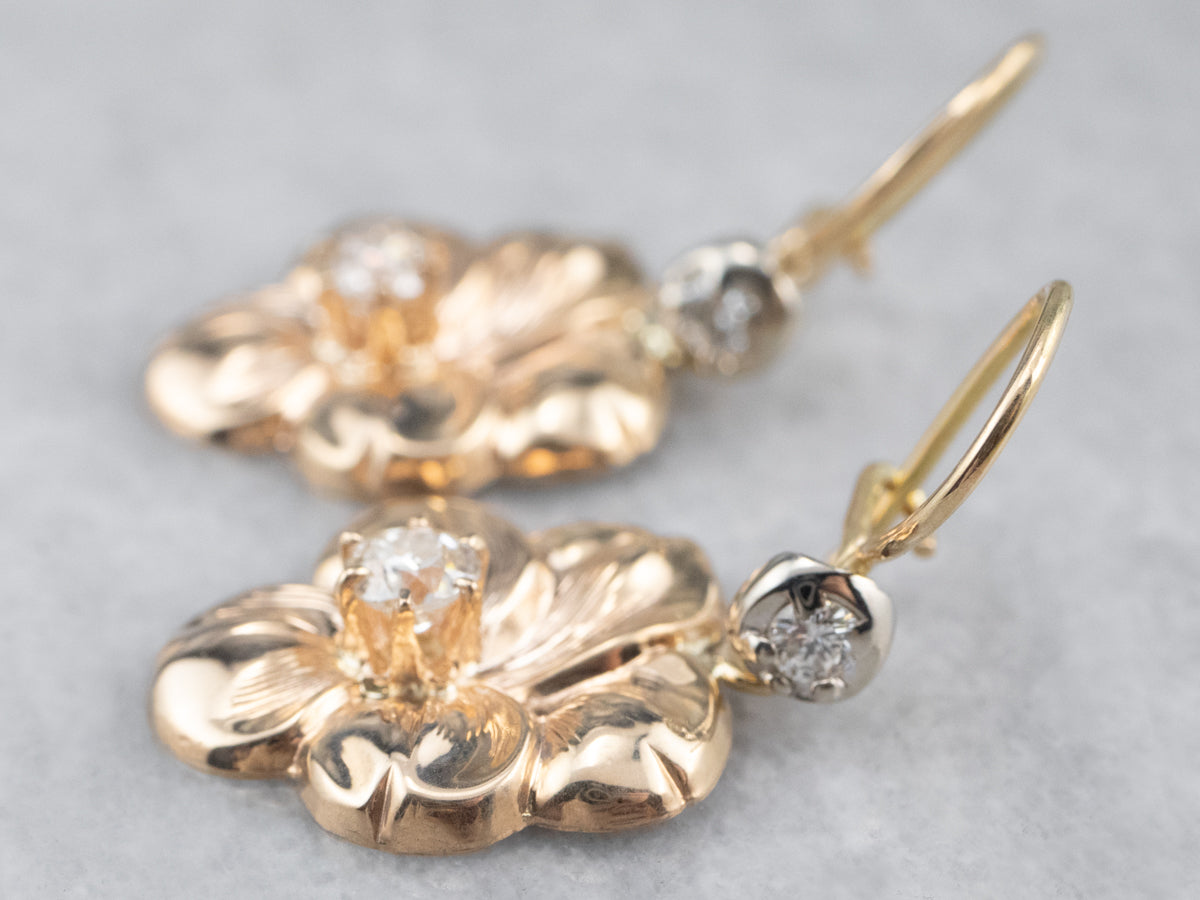 Diamond Floral Gold Drop Earrings