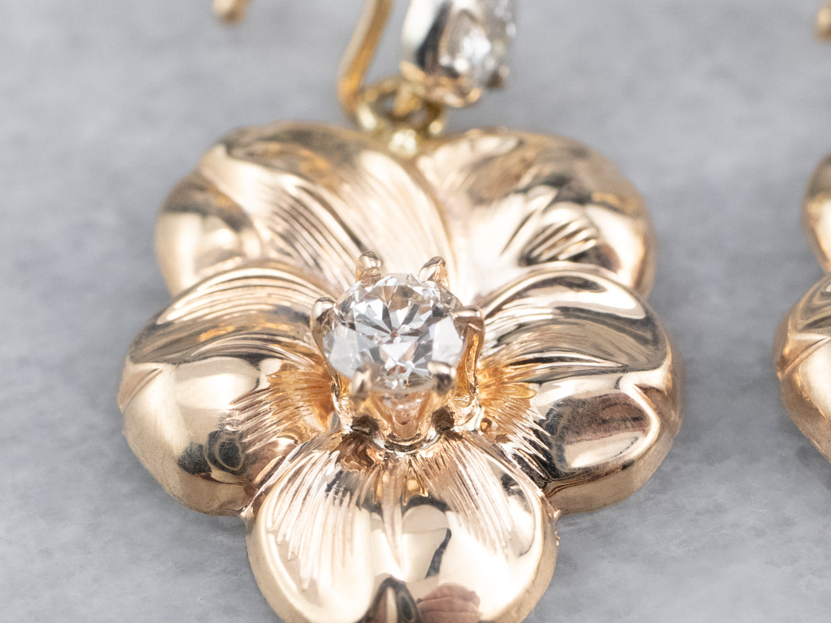Diamond Floral Gold Drop Earrings