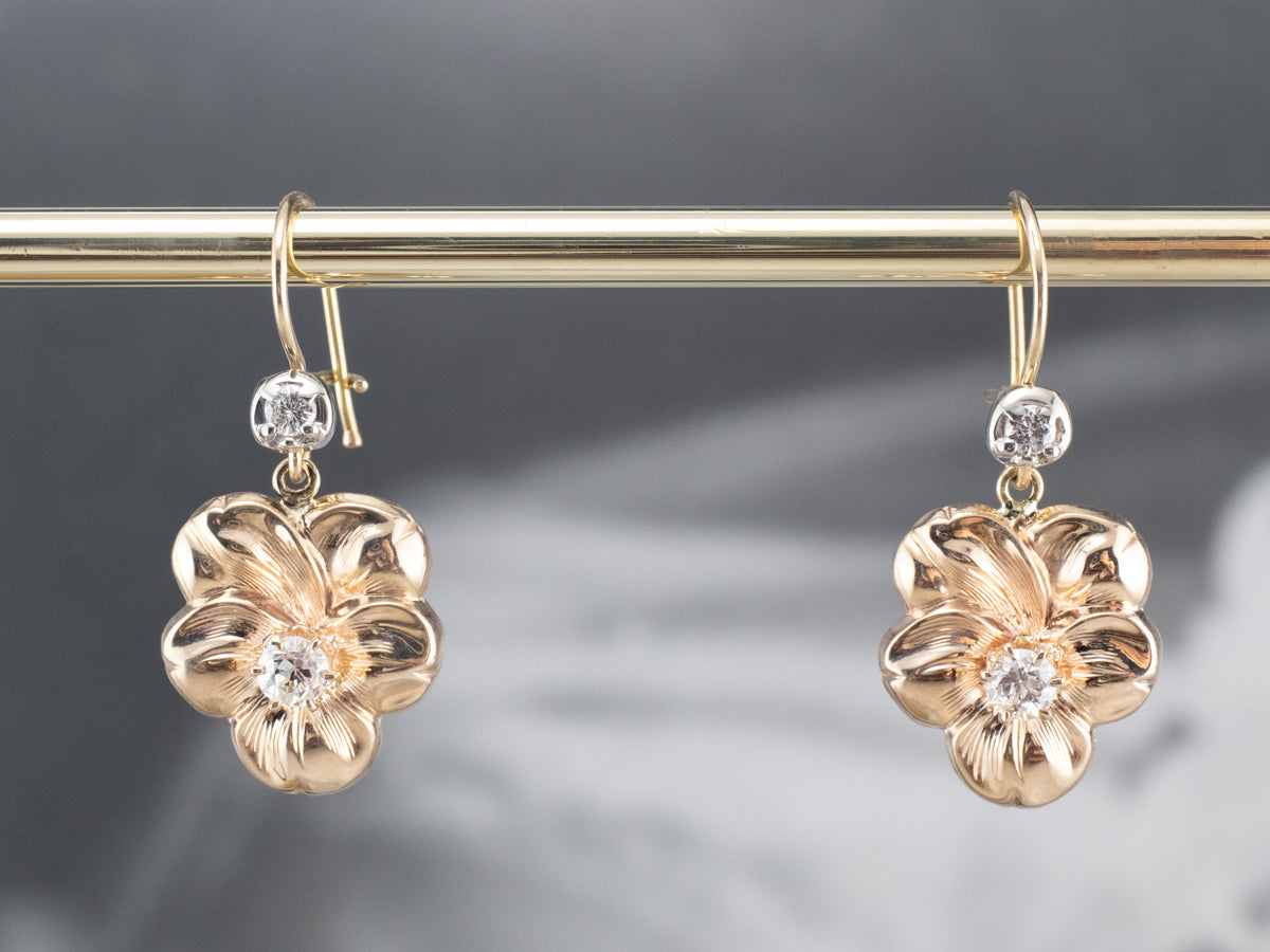 Diamond Floral Gold Drop Earrings