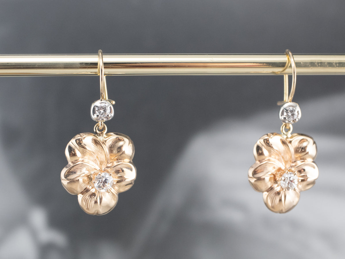 Diamond Floral Gold Drop Earrings