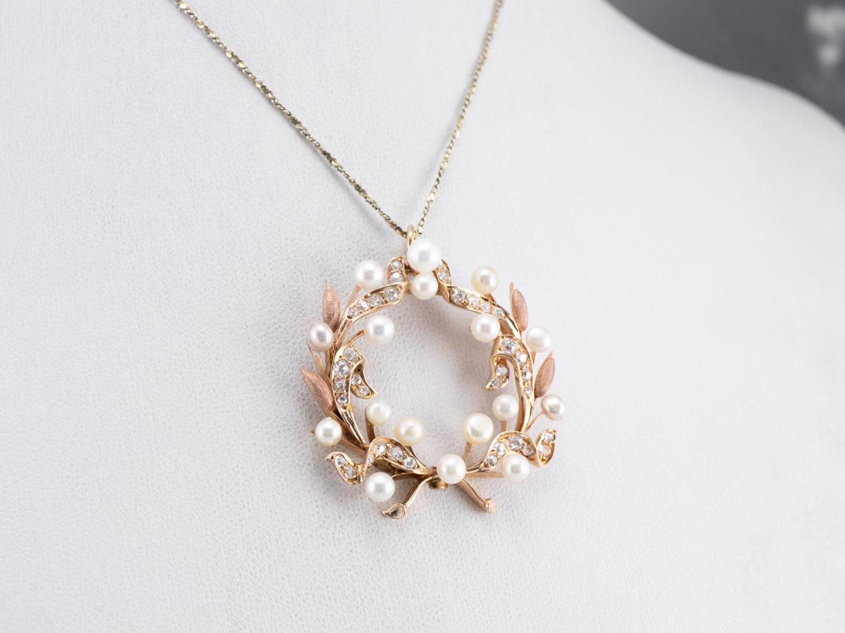 Botanical Pearl and Old Mine Cut Diamond Pendant