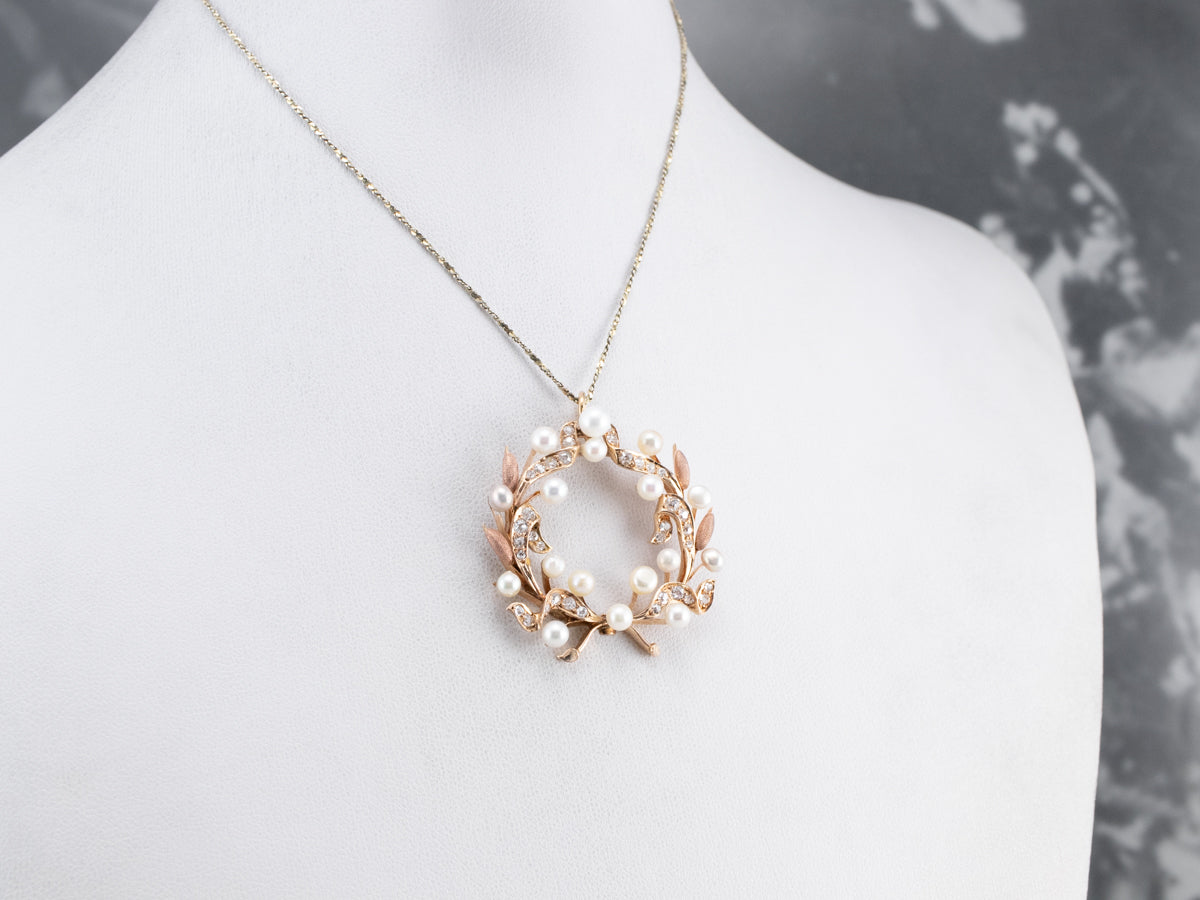 Botanical Pearl and Old Mine Cut Diamond Pendant