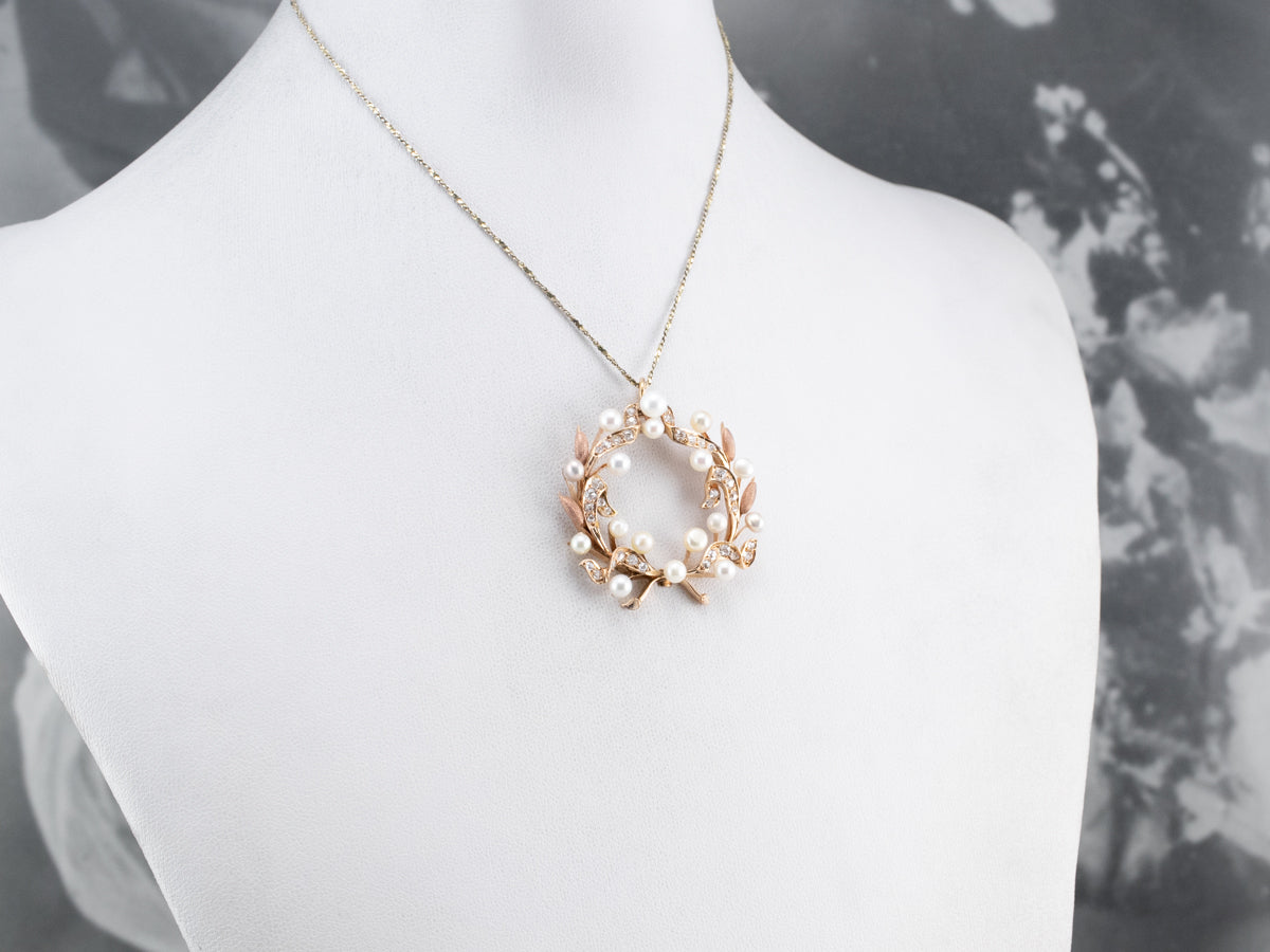 Botanical Pearl and Old Mine Cut Diamond Pendant