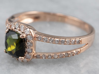 Rose Gold Green Tourmaline Diamond Halo Ring