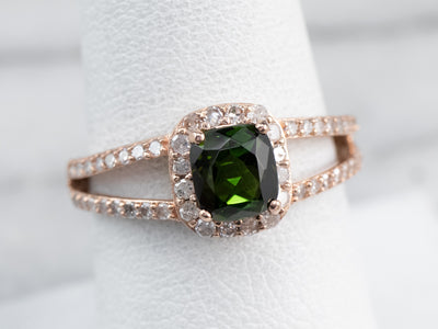Rose Gold Green Tourmaline Diamond Halo Ring