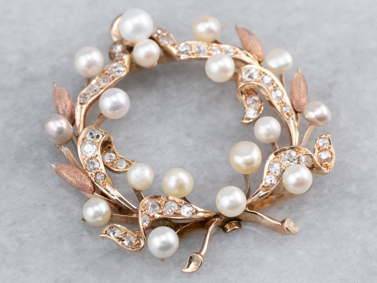 Botanical Pearl and Old Mine Cut Diamond Pendant