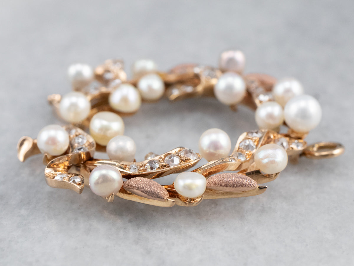 Botanical Pearl and Old Mine Cut Diamond Pendant