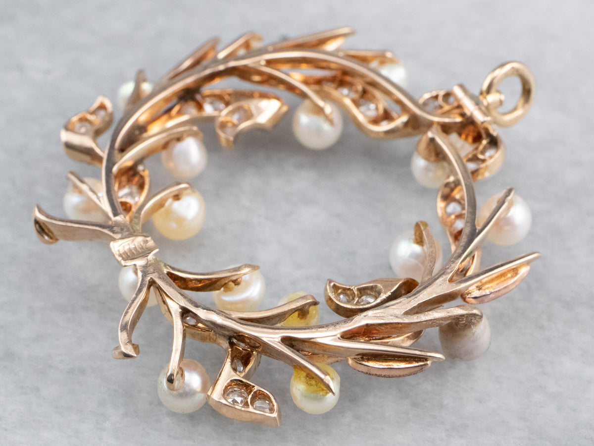 Botanical Pearl and Old Mine Cut Diamond Pendant