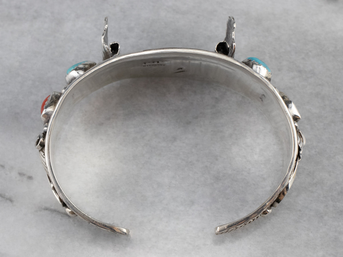 Navajo Turquoise Coral Sterling Silver Watch Band Cuff