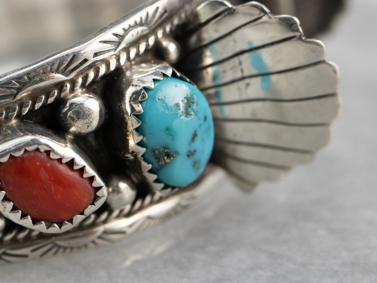 Navajo Turquoise Coral Sterling Silver Watch Band Cuff