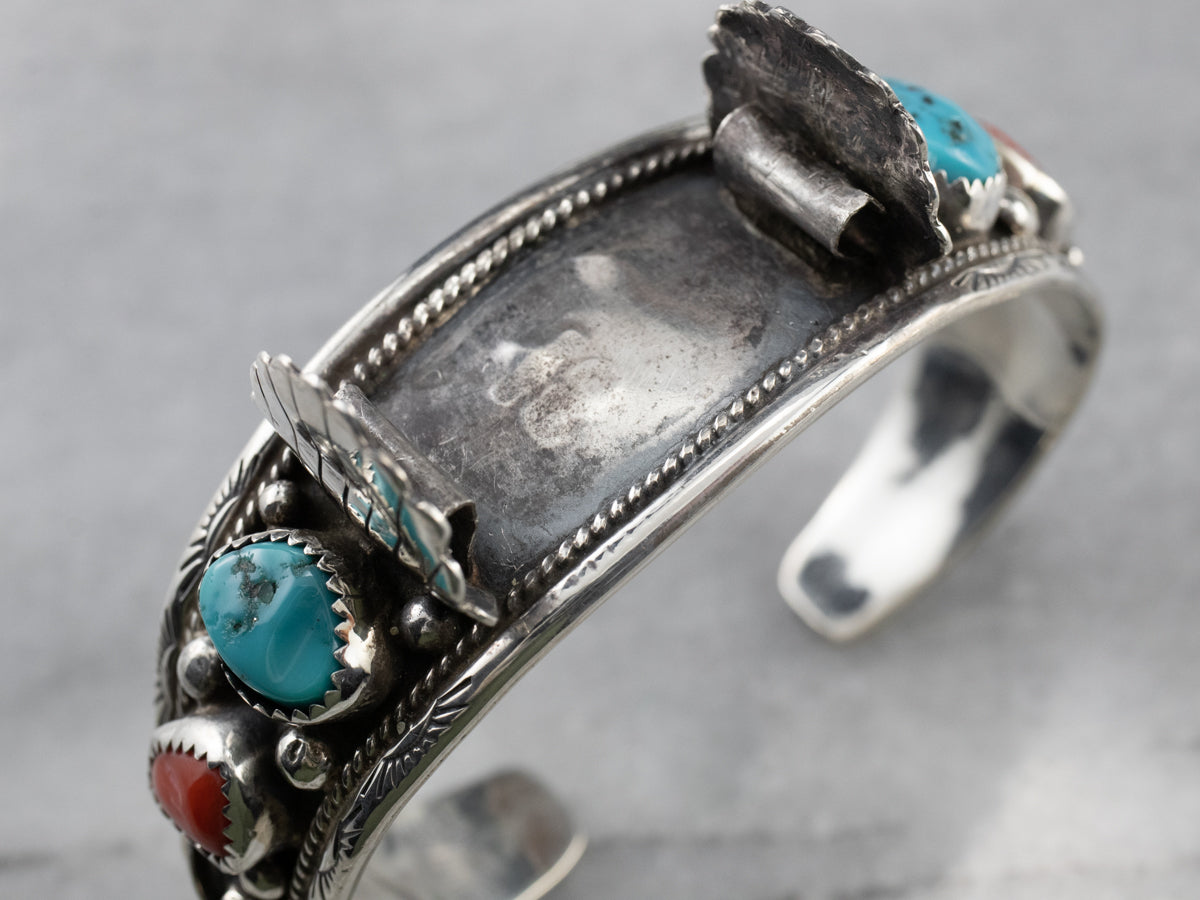 Navajo Turquoise Coral Sterling Silver Watch Band Cuff