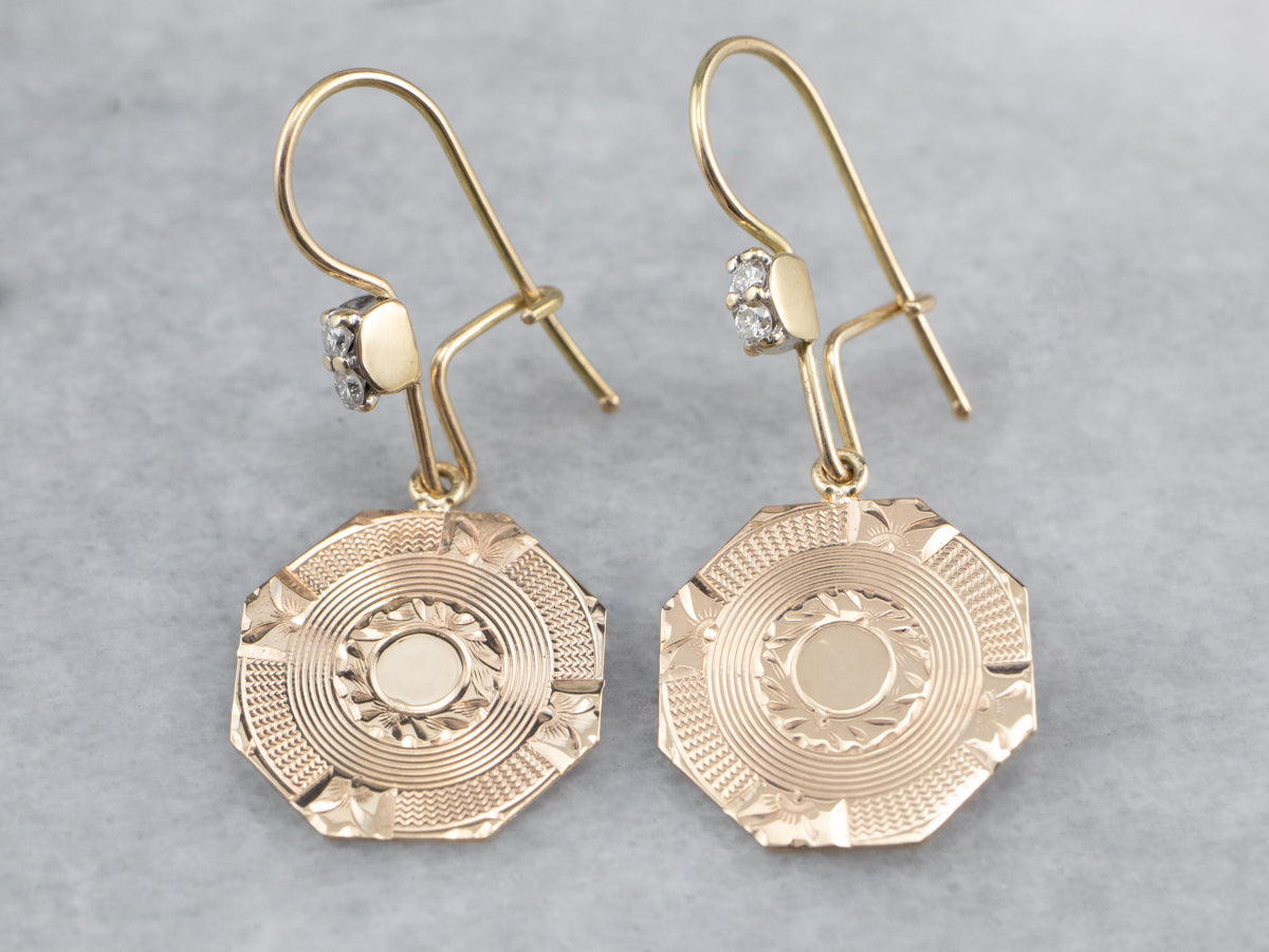 Etched Gold Diamond Drop Earrings
