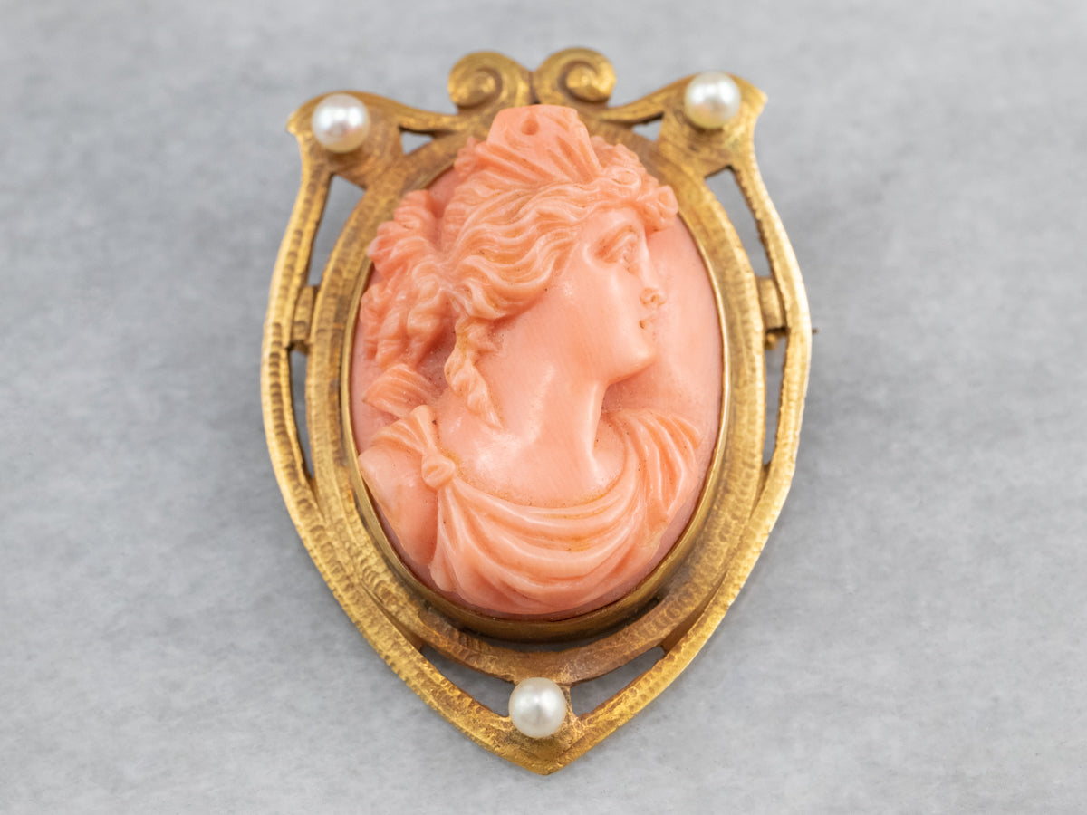 Art Nouveau Coral Cameo Gold Brooch Pendant