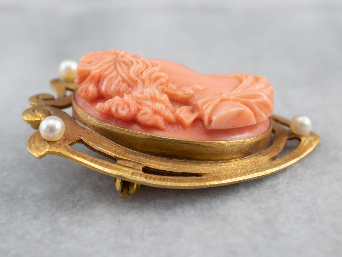 Art Nouveau Coral Cameo Gold Brooch Pendant