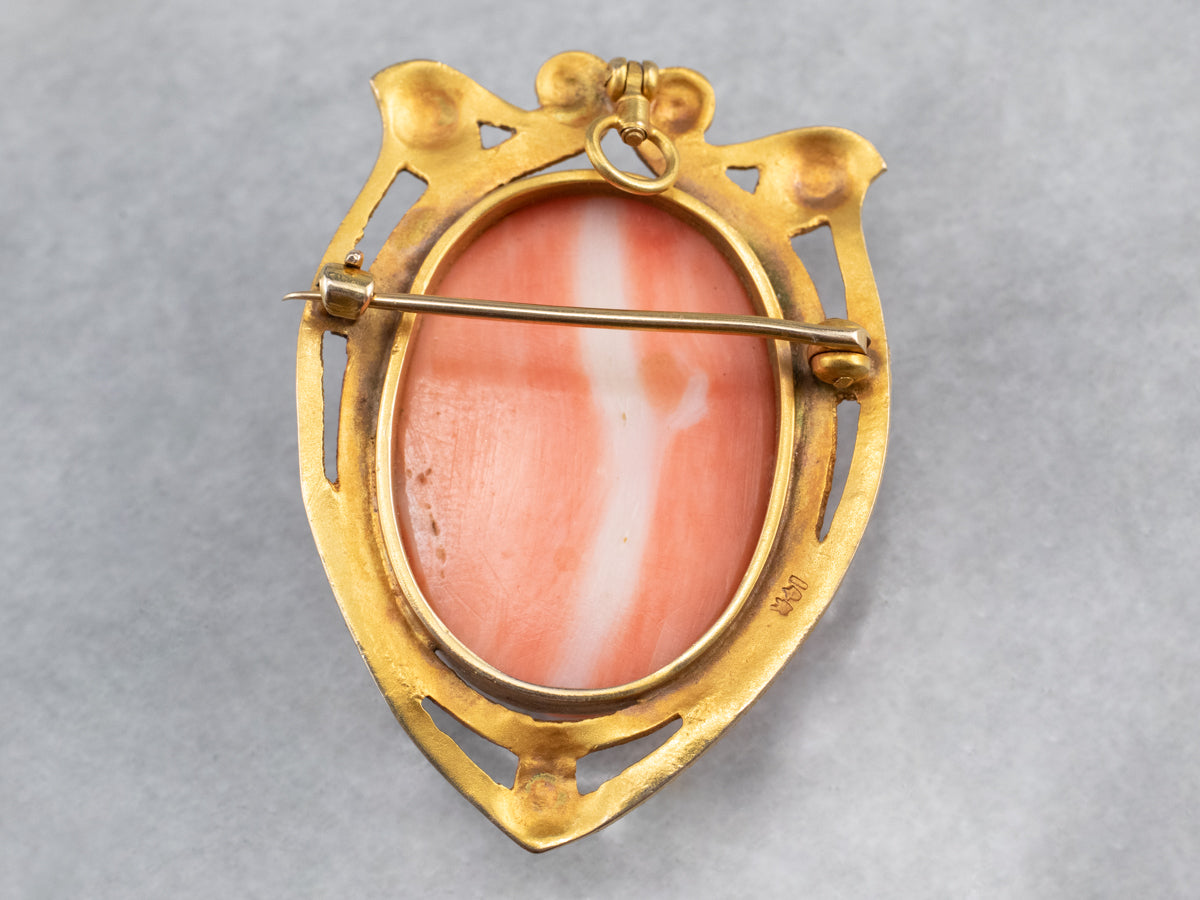Art Nouveau Coral Cameo Gold Brooch Pendant