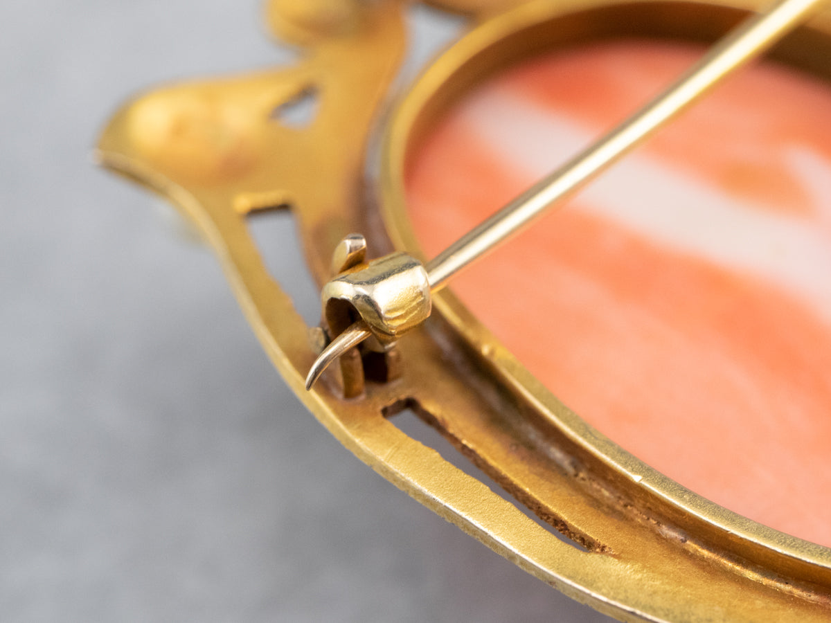 Art Nouveau Coral Cameo Gold Brooch Pendant