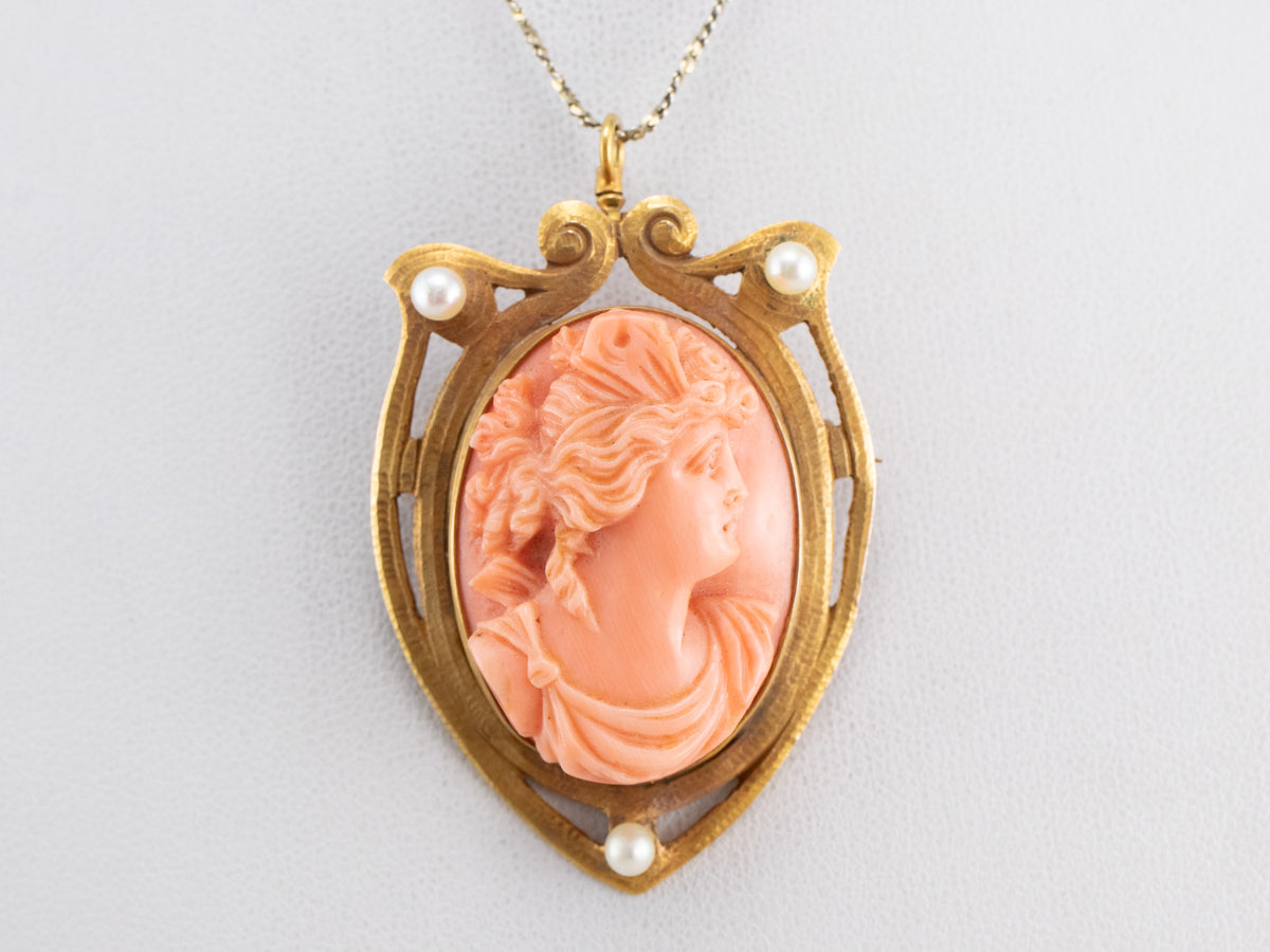 Art Nouveau Coral Cameo Gold Brooch Pendant
