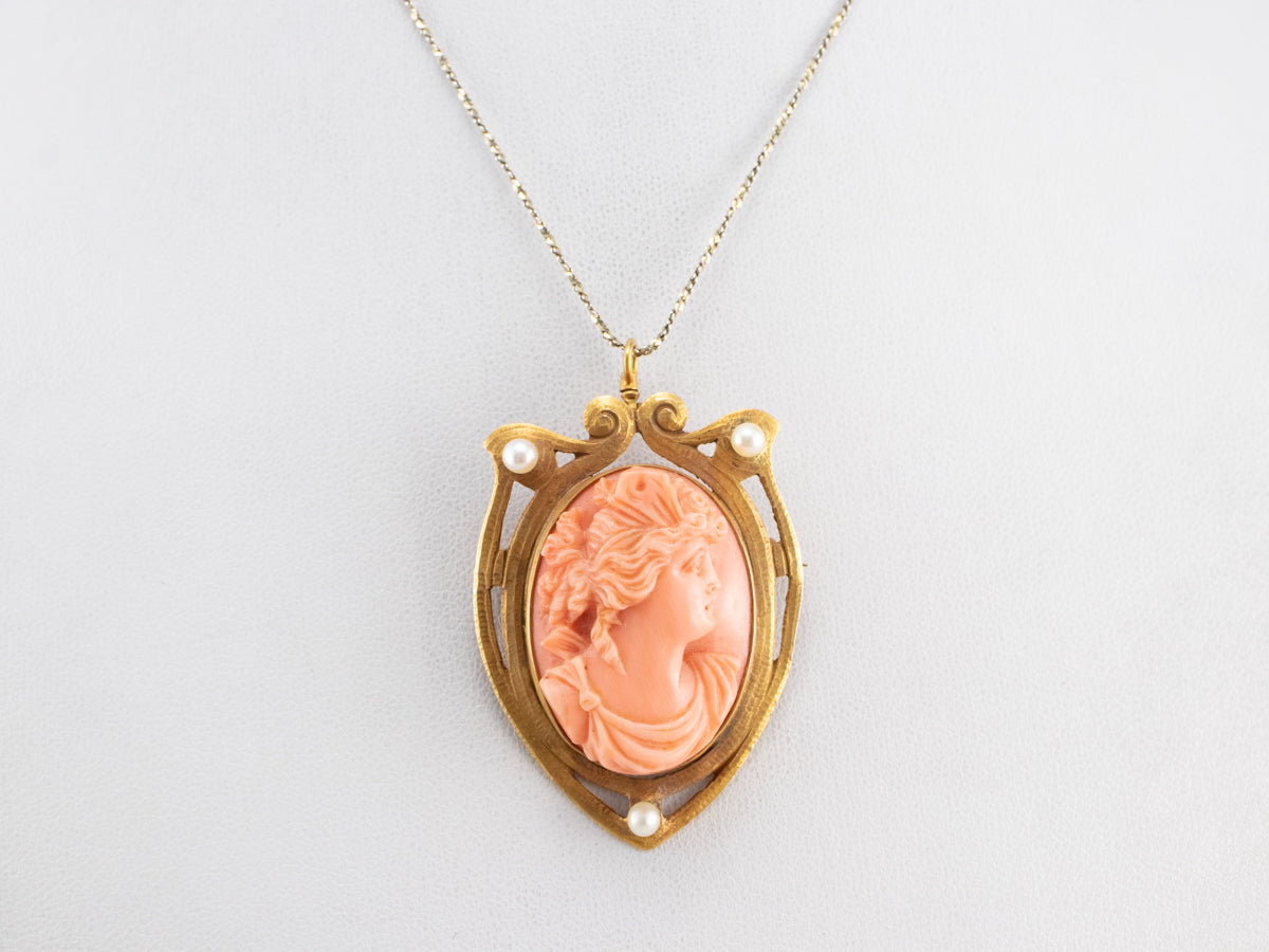 Art Nouveau Coral Cameo Gold Brooch Pendant