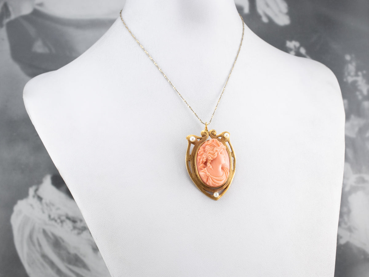 Art Nouveau Coral Cameo Gold Brooch Pendant