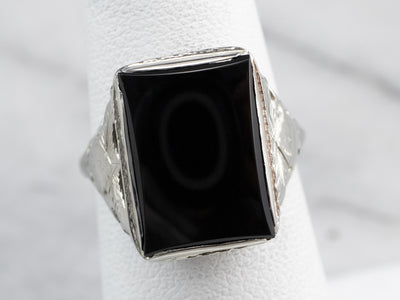 Vintage Black Onyx White Gold Filigree Ring