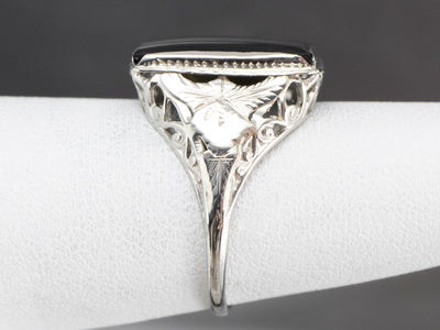 Vintage Black Onyx White Gold Filigree Ring
