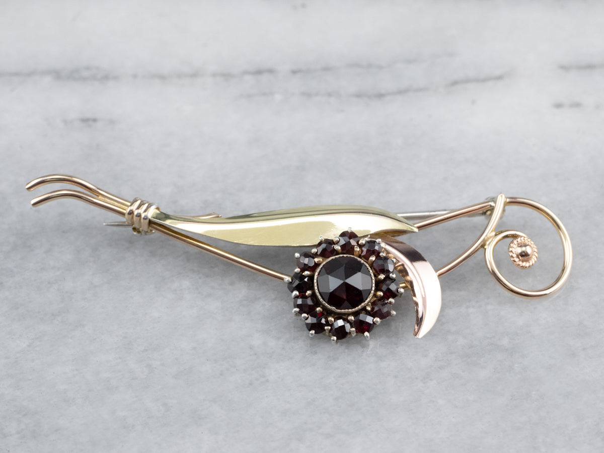 Botanical Mixed Metal Garnet Brooch